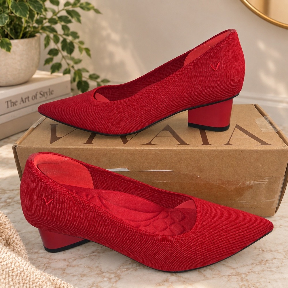 Vivaia Tracy Pro Ruby Red Pointed Toe Block Heel Knit Pumps Women EU 38.5 US 7.5